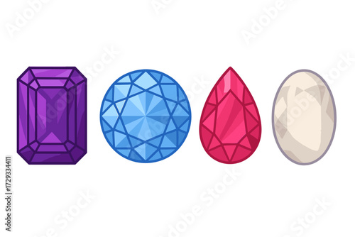 Collection of colorful faceted gemstones with various cuts including emerald, round, pear, and oval shapes