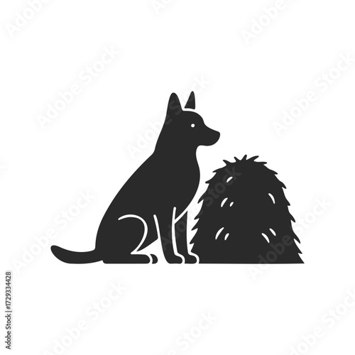 Silhouette of a dog sitting beside a haystack on white background
