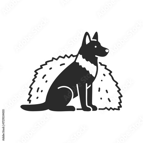 Black and white illustration of a sitting german shepherd dog