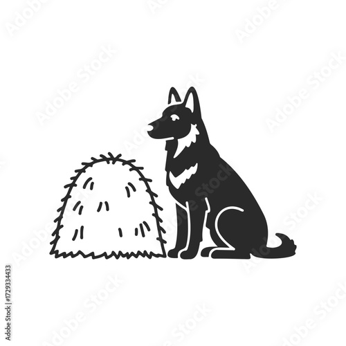 German shepherd silhouette sitting beside haystack