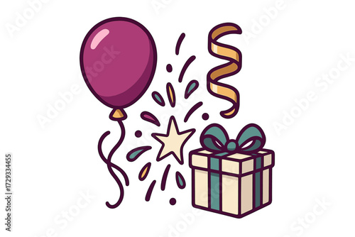 Vibrant festive celebration elements including a balloon, gift box, confetti, and streamer for parties