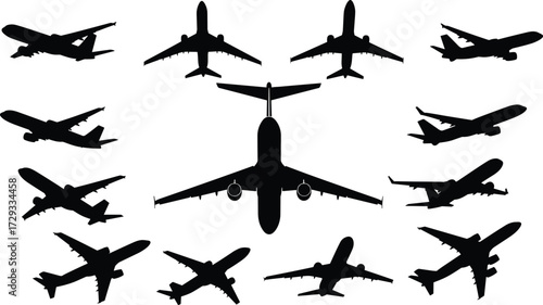 Airplane silhouettes, aviation design, aircraft collection, flight pattern, jet illustration, aviation concept, airplane set, aeronautical art, aviation background, aircraft shapes