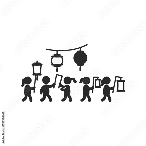 Children celebrating lantern festival with hanging lanterns