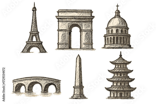 Classic hand-drawn sketch of iconic global landmarks and famous architectural monuments from around the world