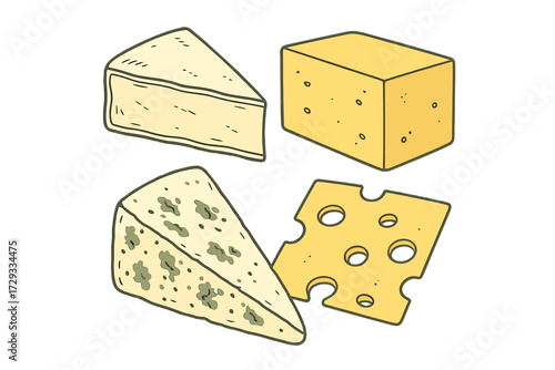 Assortment of various cheese types including cheddar block, brie wedge, blue cheese, and swiss slice for food concepts