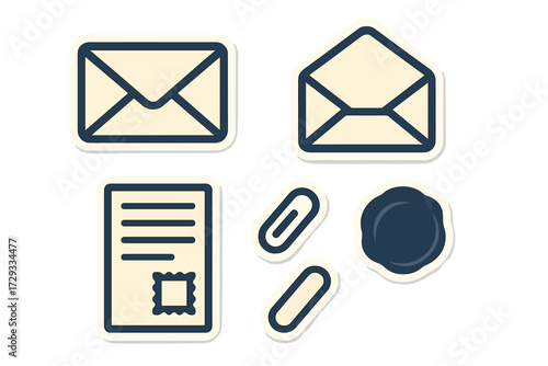 Mail and office supplies set with envelopes, document, paper clips, and wax seal