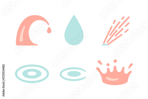 Stylized water icons set featuring drops, dynamic splashes, and serene ripple effects in a pastel color palette