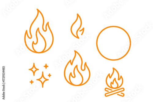 Set of minimalist orange outline icons depicting various fire elements, flames, sparks, and a bonfire symbol for web and app design