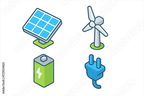 Modern isometric icons for sustainable energy solutions including solar panels, wind power, battery, and electrical plug