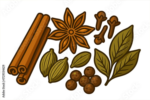 Assortment of aromatic culinary spices including cinnamon sticks, star anise, cloves, cardamom pods, peppercorns, and bay leaves