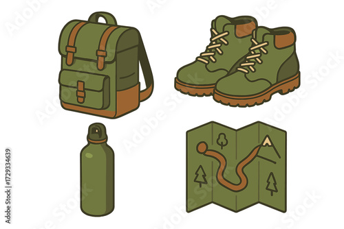Essential items for outdoor exploration featuring a hiking backpack, sturdy boots, a reusable water bottle, and a detailed trail map