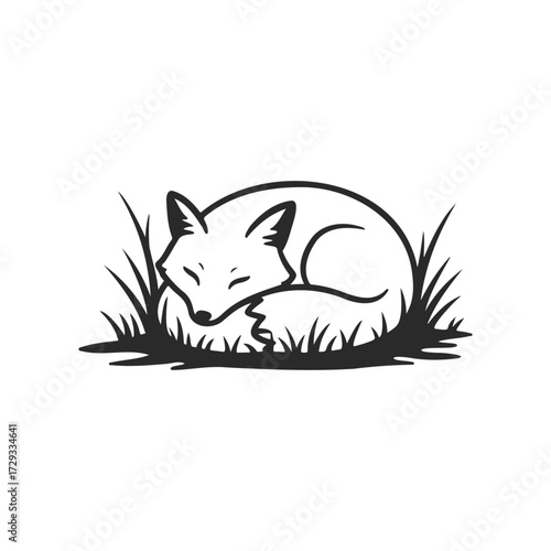 Minimalist black and white illustration of a sleeping fox in grass