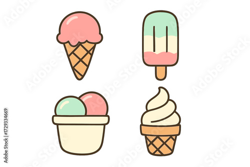 Variety of delicious frozen desserts featuring classic ice cream cones, refreshing popsicles, and delightful scoops in cups