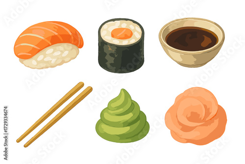 Assortment of traditional Japanese sushi, maki, nigiri, soy sauce, wasabi, ginger, and chopsticks