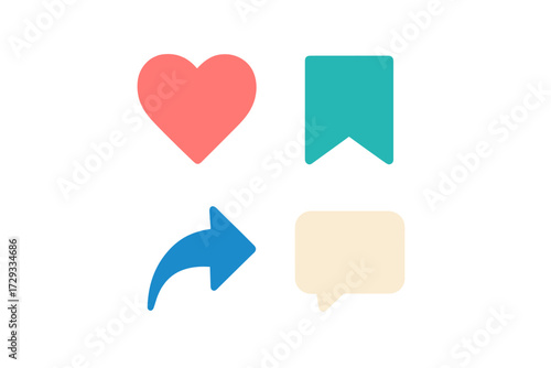 Collection of social media engagement icons including like, save, share, and comment symbols for digital interaction and communication