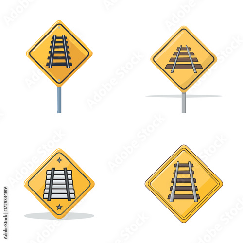 Set of yellow diamond railroad crossing warning signs.