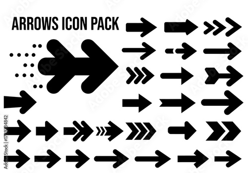 Set of black arrow vector icons. Modern arrow collection for navigation, direction, pointers, and user interface design elements, isolated on white.