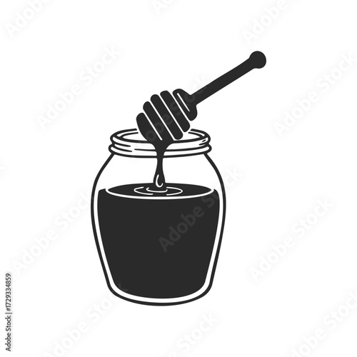 Monochrome honey jar and dipper illustration on white background