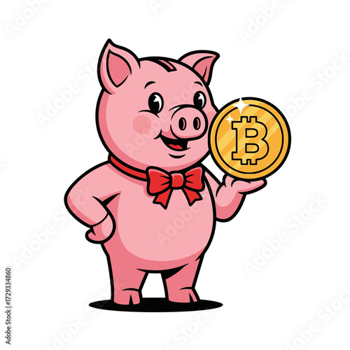 Friendly animated pig mascot proudly displays a gleaming virtual currency coin, symbolizing modern financial savings