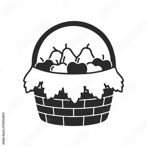 Basket of apples and pears in monochrome illustration