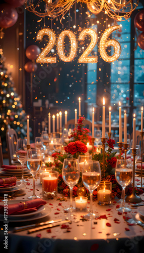 Festive table set for New Year 2026 party with candles and confetti representing celebration and holiday gathering with decorative arrangement of plates and glasses