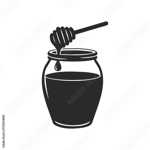 Silhouette of honey jar with dipper dripping honey