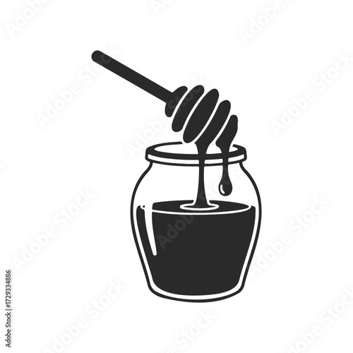 Black and white honey jar with dipper silhouette on white background