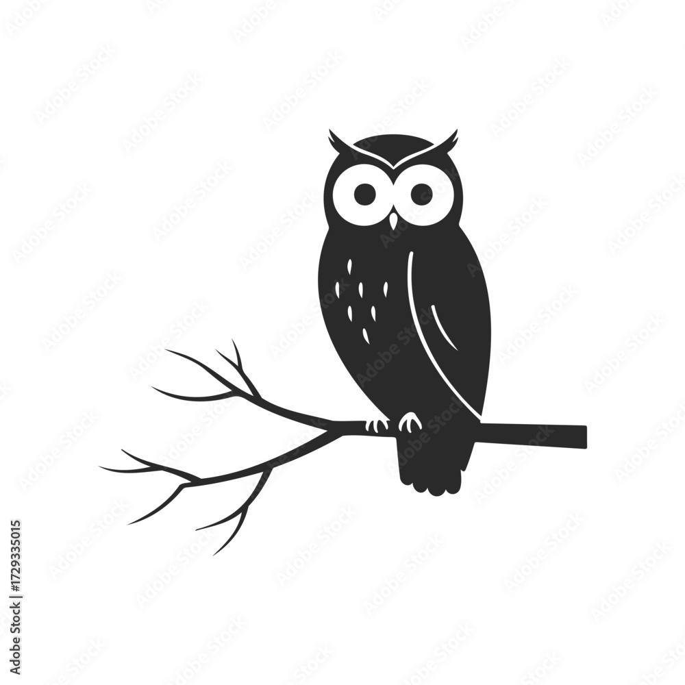 Obraz premium Silhouette of owl perched on branch in minimalist black and white design