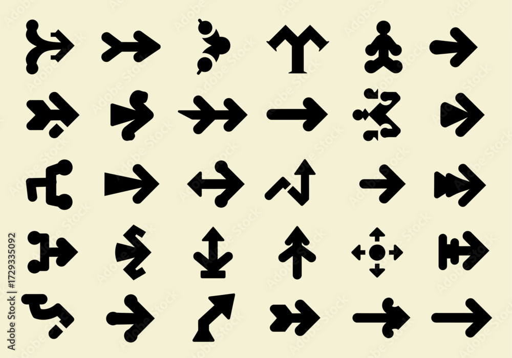 Fototapeta premium Collection of Diverse Black Arrow Icons on Beige. Stylized Directional Symbols for UI UX Design and Graphic Elements.