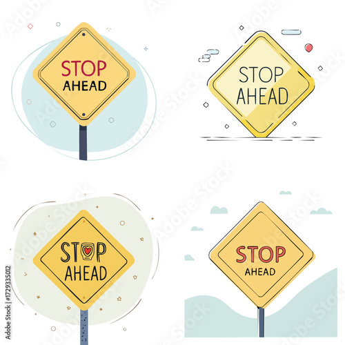 Four Yellow Diamond Shaped Stop Ahead Road Signs on Poles.
