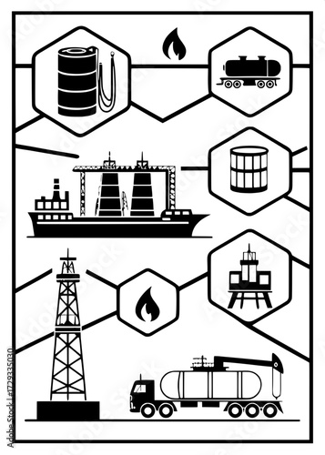 "Petroleum and energy vector icon set, 28 items in minimalist dark blue outline style. Icons include oil rigs, flames, tanker ships, trucks, storage tanks, pipelines, and fuel pumps. Clean geometric l
