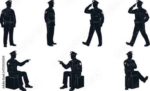Silhouette collection of police officers and law enforcement officials in various poses, including standing, saluting, and pointing for authority and public safety concepts