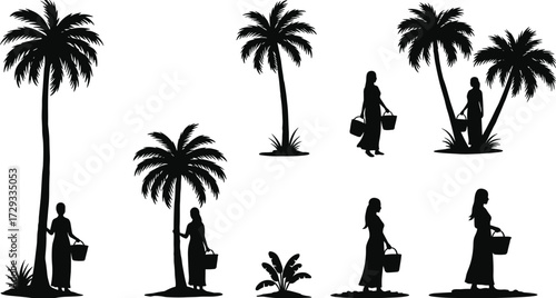 Silhouette vector illustration of women carrying baskets under palm trees, tropical lifestyle, rural culture, agriculture, traditional work, island nature scene