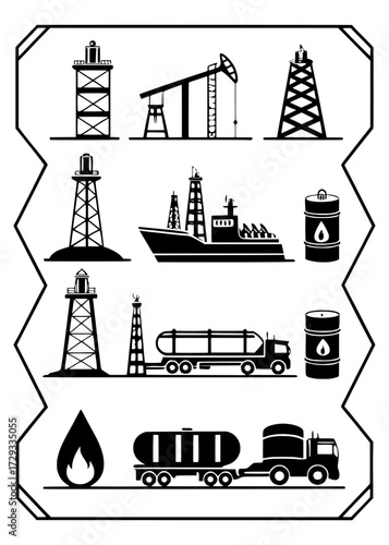 "Petroleum and energy vector icon set, 28 items in minimalist dark blue outline style. Icons include oil rigs, flames, tanker ships, trucks, storage tanks, pipelines, and fuel pumps. Clean geometric l
