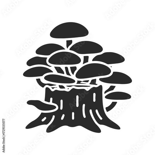 Black and white icon of mushrooms growing on tree stump