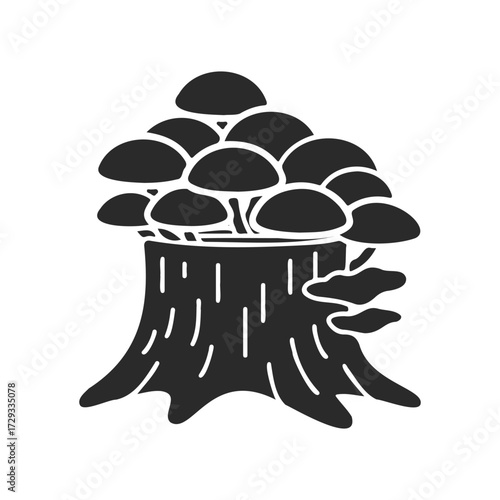 Silhouette of tree stump with mushrooms growing on top