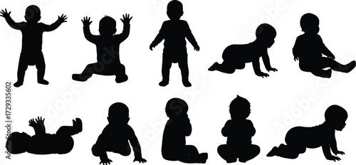 Baby silhouette collection, crawling infant, sitting toddler, standing child, newborn poses, infant development, baby posture, child growth, playful kids, vector design