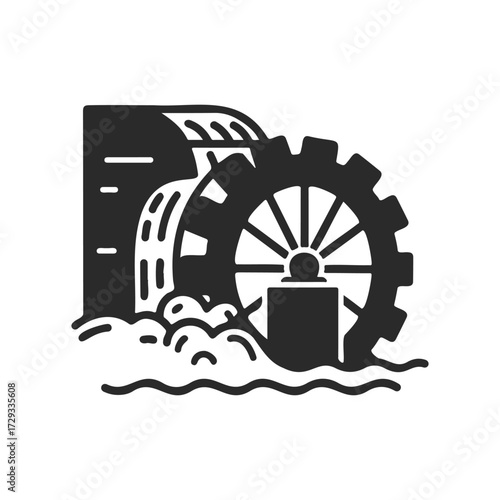 Vintage water mill wheel over flowing stream - iconic rustic machinery illustration