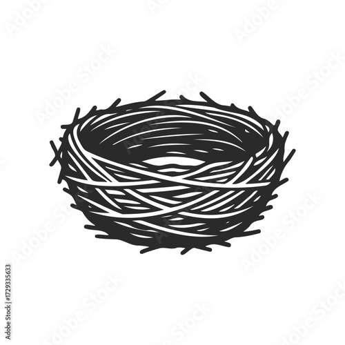 Empty bird nest illustration in black and white vector design