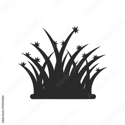 Silhouette of grass blades with star-like tips on white background