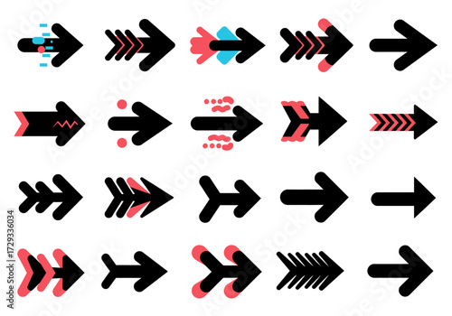 Modern Arrow Icons Set. Collection of diverse directional vector symbols in black, red, and blue for web design, navigation, and user interface elements.