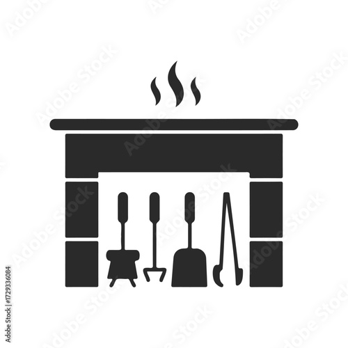 Silhouette of fireplace with hearth tools in vector style on white background