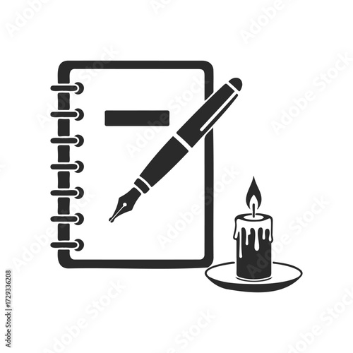 Black and white notebook with fountain pen and candle icon