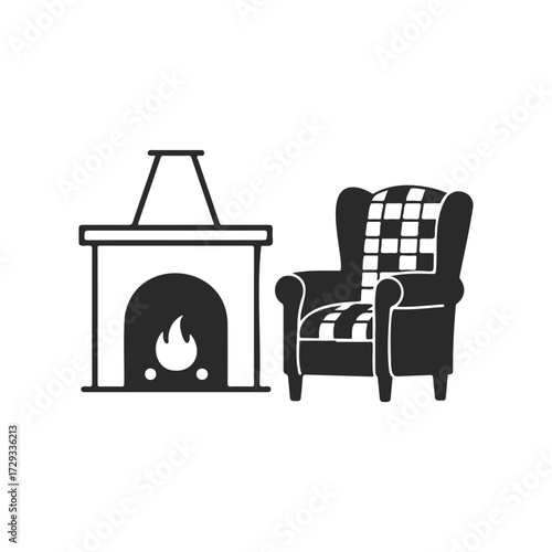 Cozy fireplace with armchair and plaid blanket