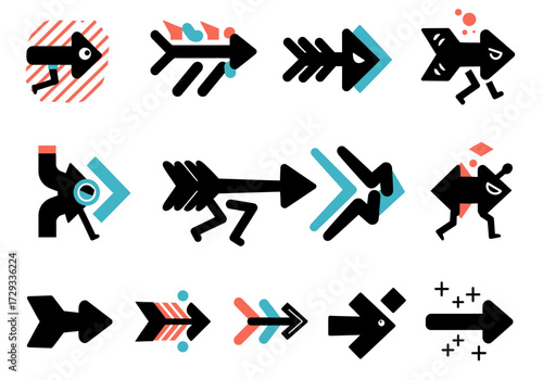 Abstract and Playful Arrow Icon Set with Modern Geometric and Character Designs