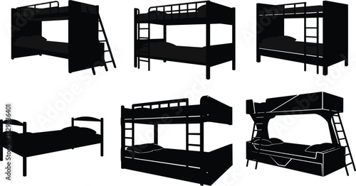 Vector illustration set of bunk bed designs with ladders, modern furniture collection for kids room, bedroom interior, architecture and home decor