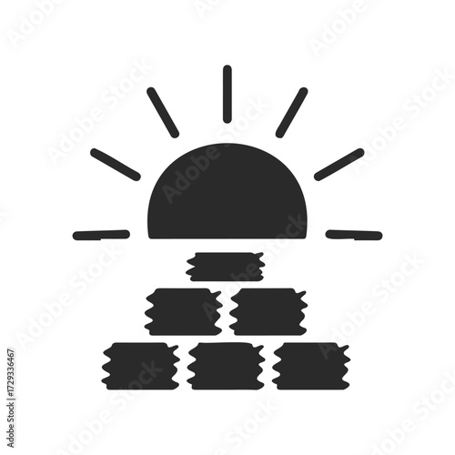 Sunset over water with reflections silhouette graphic illustration