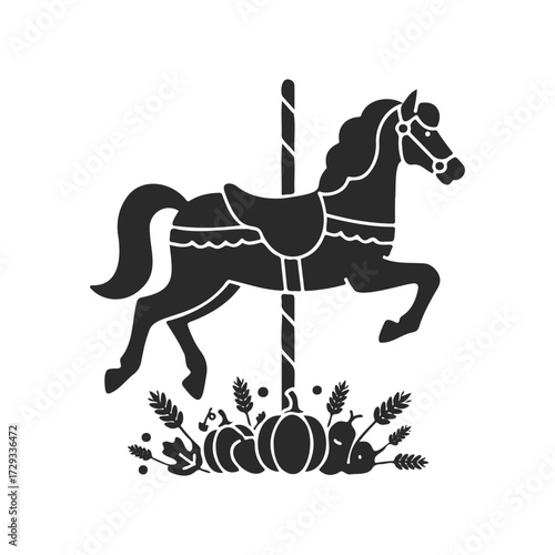 Silhouette of carousel horse with autumn harvest elements in black and white