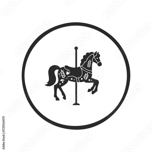 Silhouette of carousel horse with floral patterns in circular frame