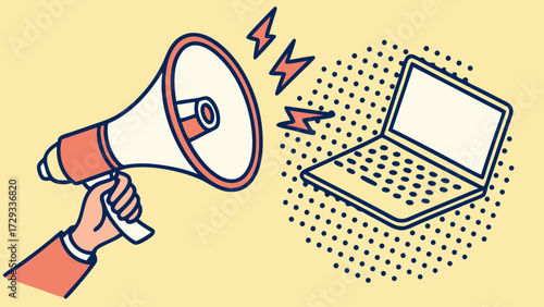 Vector illustration of hand holding megaphone announcing online news or digital marketing campaign